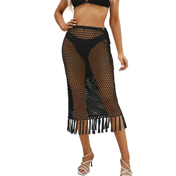 SWSMCLT Women's Cable Knit Bathing Suit Curvy Lace Up Beachwear Chic Beach Skirt Calf Length Fall Fringe Cool Black Large