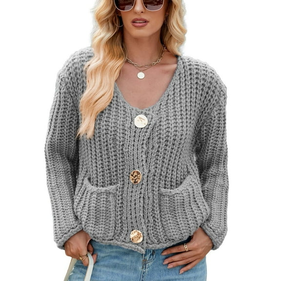 SWSMCLT Women's Cable Knit Cardigan Sweater Baggy Button Crew Neck Comfy 2025 Cardigan Sweaters Acrylic Grey Medium