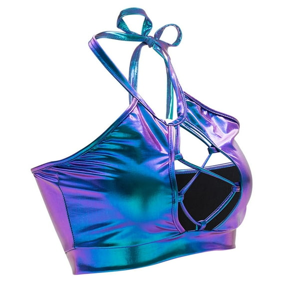 SWSMCLT Women's Cami Shirt Halloween Metallic Tops r Backless Crop Dance Fall Sexy Summe Halter Camisole Shirt Blue Medium