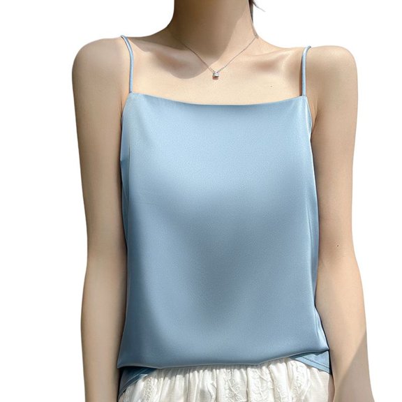 SWSMCLT Women's Cami Tank Top Casual Vest Satin Silky Fall Spaghetti Top Comfy Loose Elegant Cool Elasthane Blue X-Small