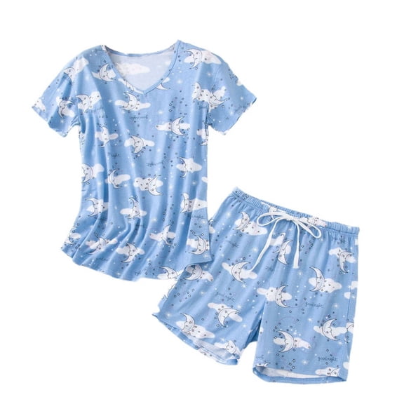 SWSMCLT Women's Cartoon Pajamas Set Classic Loungewear Boyleg Pajama Set Comfy Drawstring Cute Cotton Blue X-Large