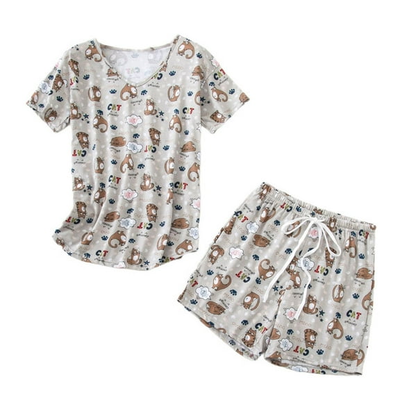 SWSMCLT Women's Cartoon Pajamas Set Classic Loungewear Boyleg Pajama Set Comfy Drawstring Cute Cotton Coffee Small