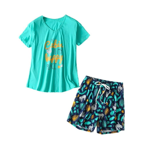 SWSMCLT Women's Cartoon Pajamas Set Classic Loungewear Boyleg Pajama Set Comfy Drawstring Cute Cotton Green Small