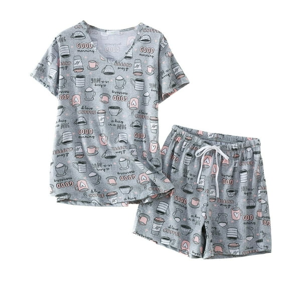 SWSMCLT Women's Cartoon Pajamas Set Classic Loungewear Boyleg Pajama Set Comfy Drawstring Cute Cotton Grey Small
