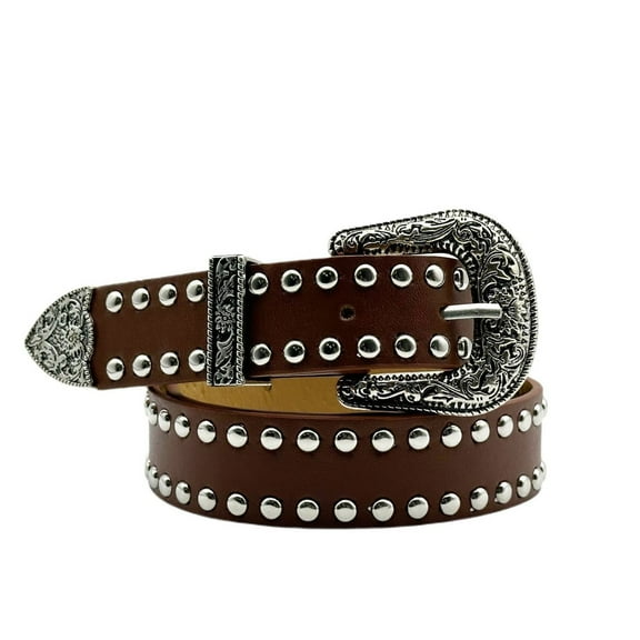 SWSMCLT Women's Casual Belt All Seasons Metal Old Fashioned Adjustable Belts Biker Faux Leather Autumn Harem Brown X-Small-Large