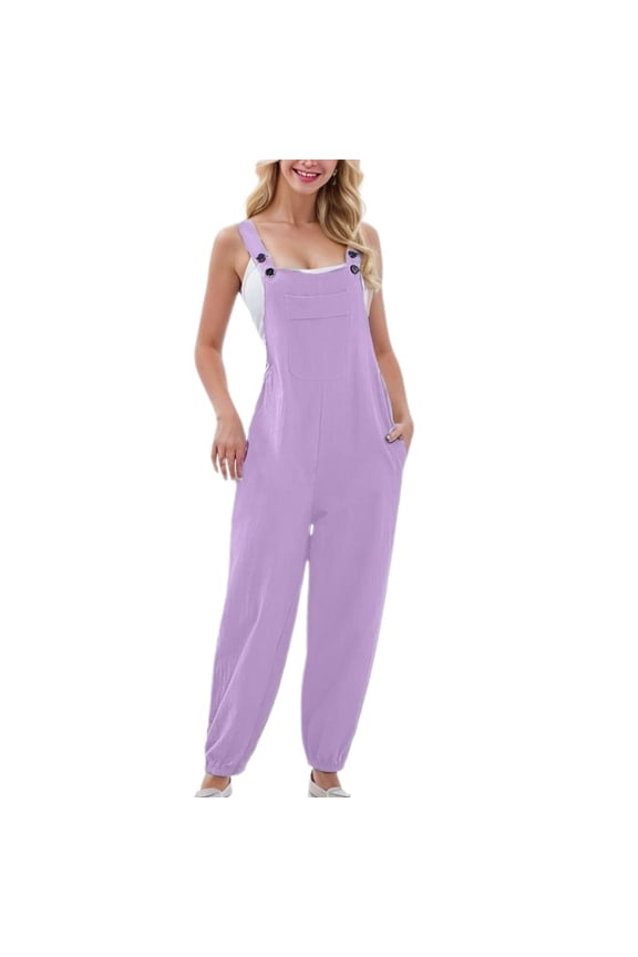 Women's Casual Bib Pants Long Jumpsuit Rompers Summer Tapered Leg Closed Cinch Bottom Adjustable Baggy Overalls Casual Harem Jumper Sleeveless Button Loose Purple Large
