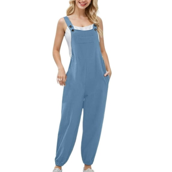 SWSMCLT Women's Casual Bib Pants Long Jumpsuit Rompers Summer Tapered Leg Closed Cinch Bottom Adjustable Baggy Overalls Casual Harem Jumper Sleeveless Button Loose Sky Blue X-Large