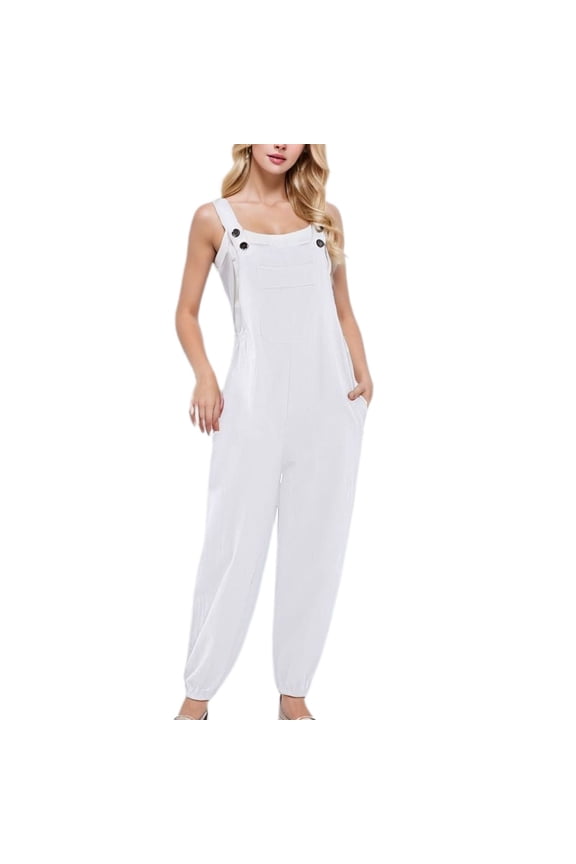 Women's Casual Bib Pants Long Jumpsuit Rompers Summer Tapered Leg Closed Cinch Bottom Adjustable Baggy Overalls Casual Harem Jumper Sleeveless Button Loose White XX-Large