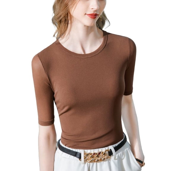 SWSMCLT Women's Casual Blouse Shirt Comfy Breathable Chic Fall Pull On Blouse Top Crew Neck Elbow Sleeve Blouse Coffee 6