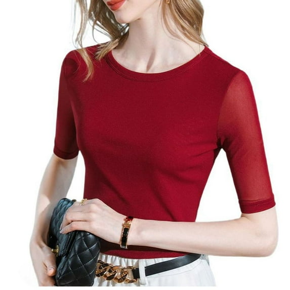 SWSMCLT Women's Casual Blouse Shirt Comfy Breathable Chic Fall Pull On Blouse Top Crew Neck Elbow Sleeve Blouse Red 8