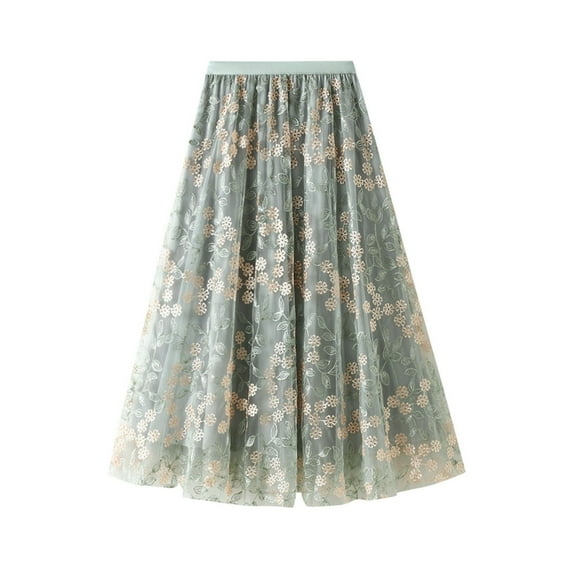 SWSMCLT Women's Casual Cute Embroidered Fall Skirt Layered Tulle Skirt Tulle Calf Length Elastic Fitted Green Small-Large