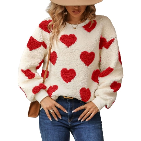 SWSMCLT Women's Casual Fleece Sweatshirt Fuzzy Comfy Cold Weather Pullover Pajamas Tops Drop Shoulder Crew Neck Red Small