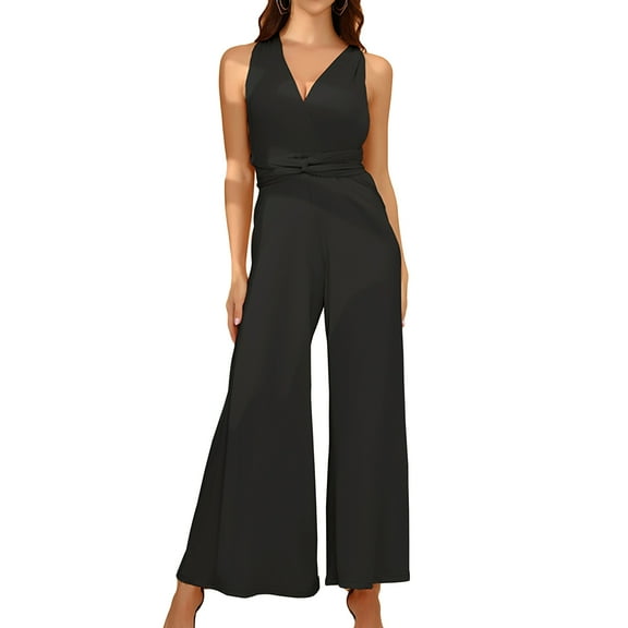 SWSMCLT Women's Casual High Waist V Neck Sleeveless Jumpsuit Summer Rompers One Piece Wide Leg Palazzo Pants Black 10