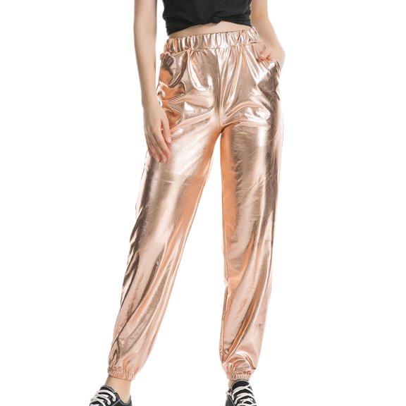 SWSMCLT Women's Casual Metallic Pants Shiny Hot Dance Casual Pants Long Trousers Halloween Stretch Elastic Waist Golden Large