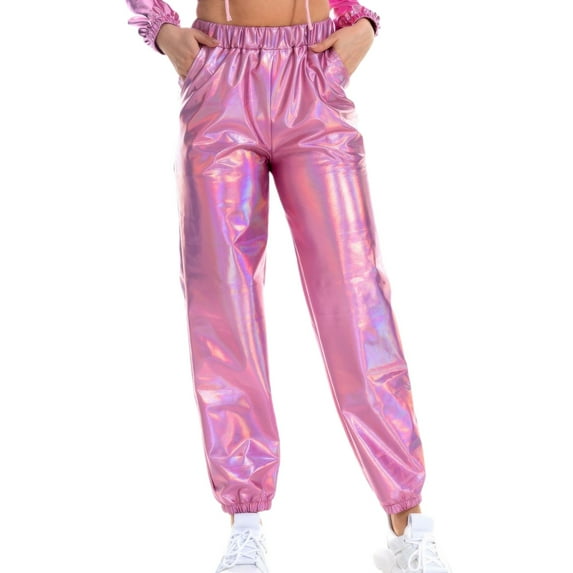 SWSMCLT Women's Casual Metallic Pants Shiny Hot Dance Casual Pants Long Trousers Halloween Stretch Elastic Waist Pink X-Large