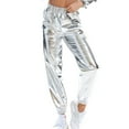 thumbnail image 1 of SWSMCLT Women's Casual Metallic Pants Shiny Hot Dance Casual Pants Long Trousers Halloween Stretch Elastic Waist Silver Large, 1 of 4