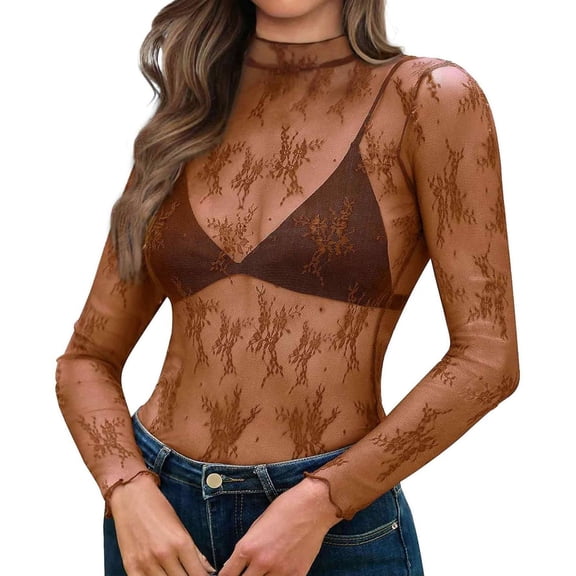 SWSMCLT Women's Casual Shirt Mesh T Shirt Chic See Through Tee Cool Crew Neck Fall Crochet Pull On Light Date Brown Medium
