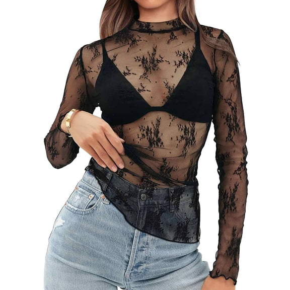 SWSMCLT Women's Casual Shirt Mesh T Shirt Chic See Through Tee Cool Crew Neck Fall Crochet Pull On Light Date Dark Black X-Large