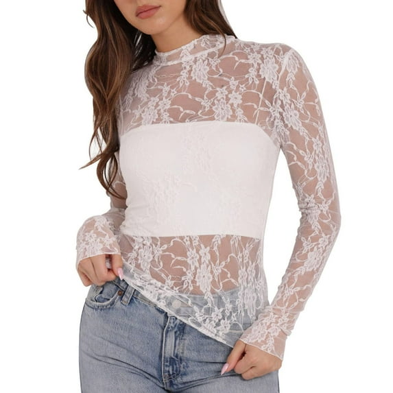 SWSMCLT Women's Casual Shirt Mesh T Shirt Chic See Through Tee Cool Crew Neck Fall Crochet Pull On Light Date White X-Large