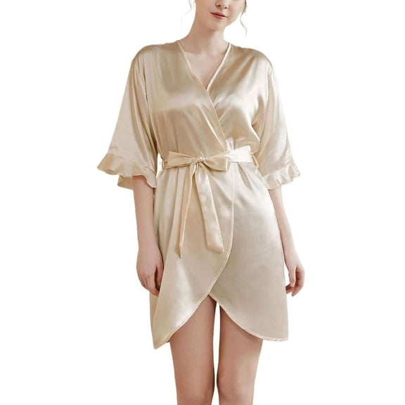 SWSMCLT Women's Chic Bath Robe Elegant Cool Fall Luxury Satin Holiday Nightwear Comfy Bathrobes Billowy Golden Small