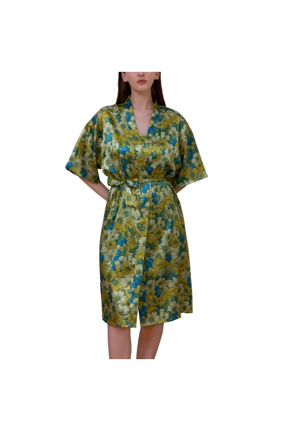 Women's Chic Bathrobe Deep V Neck Bathrobes Satin Dressing Gown Drop Shoulder Bridal Comfy Elbow Sleeve Style1 Small-Large