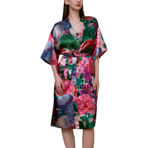 SWSMCLT Women's Chic Bathrobe Deep V Neck Bathrobes Satin Dressing Gown Drop Shoulder Bridal Comfy Elbow Sleeve Style13 Small-Large