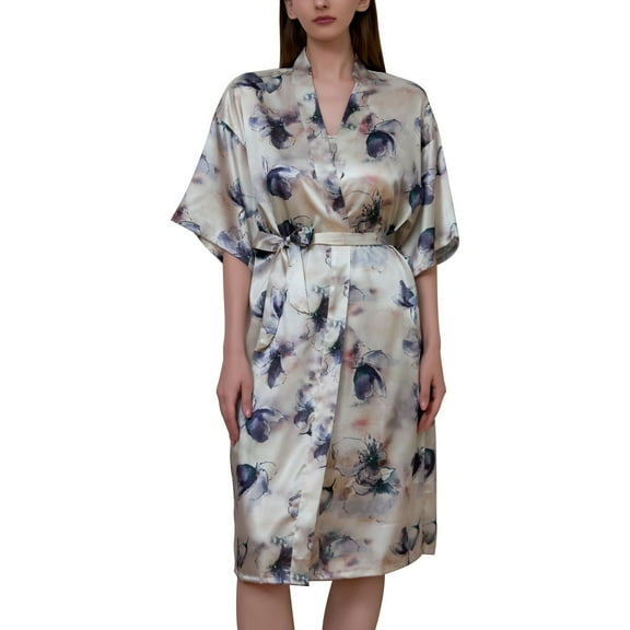 SWSMCLT Women's Chic Bathrobe Deep V Neck Bathrobes Satin Dressing Gown Drop Shoulder Bridal Comfy Elbow Sleeve Style17 Small-Large