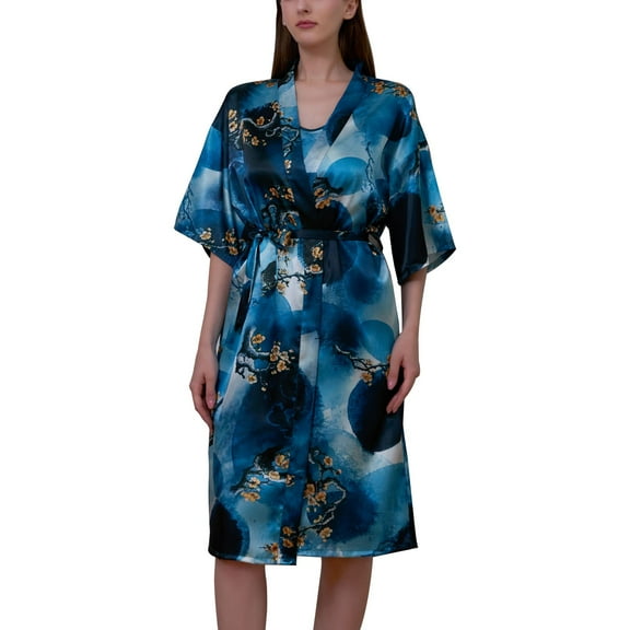 SWSMCLT Women's Chic Bathrobe Deep V Neck Bathrobes Satin Dressing Gown Drop Shoulder Bridal Comfy Elbow Sleeve Style2 Small-Large