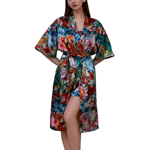 SWSMCLT Women's Chic Bathrobe Deep V Neck Bathrobes Satin Dressing Gown Drop Shoulder Bridal Comfy Elbow Sleeve Style22 Small-Large