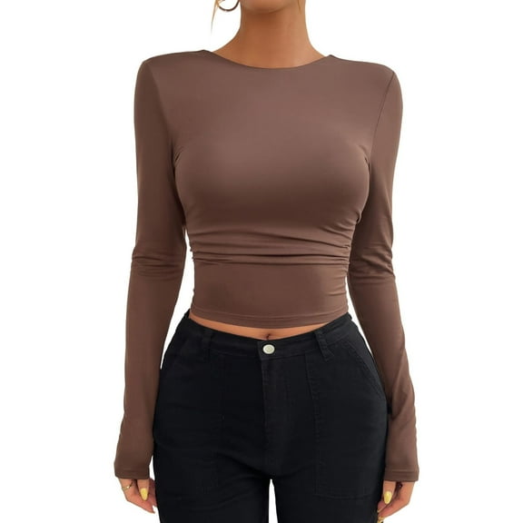SWSMCLT Women's Chic Shirt Date Blouse Fall Skinny Spring Slimming Soft Stretch Tee Shirts Comfy Long Sleeve Curvy Coffee X-Large