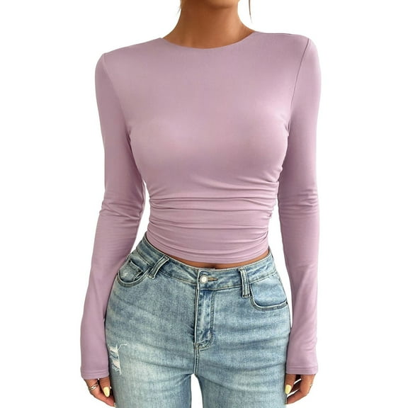 SWSMCLT Women's Chic Shirt Date Blouse Fall Skinny Spring Slimming Soft Stretch Tee Shirts Comfy Long Sleeve Curvy Purple Small