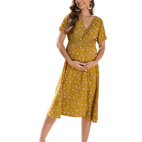 SWSMCLT Women's Chiffon Swing Dress Summer Maternity Dresses V Neck Sundress Maternity High Waist Casual Cute Wrap Yellow Large