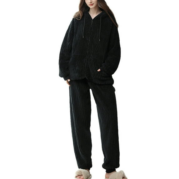 SWSMCLT Women's Chunky Cold Weather Drop Shoulder Fall Fashion Lounge Set Fleece Pajama Set Comfy Black Medium-Large