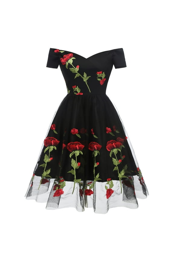Women's Cocktail Rose Floral Printed Vintage Dresses Dress Semi Formal Gala Mesh Black 18W