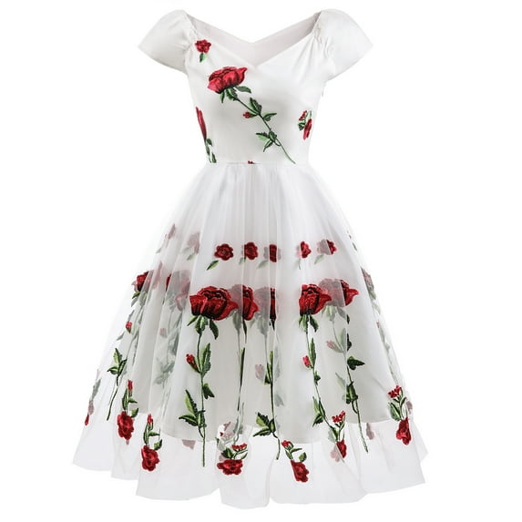 SWSMCLT Women's Cocktail Rose Floral Printed Vintage Dresses Dress Semi Formal Gala Mesh White 18W