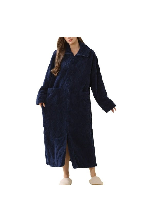 Women's Cold Weather Fleece Bathrobe Home Full Zip Long Duster Robe Comfy Bathrobes Ankle Length Navy Small