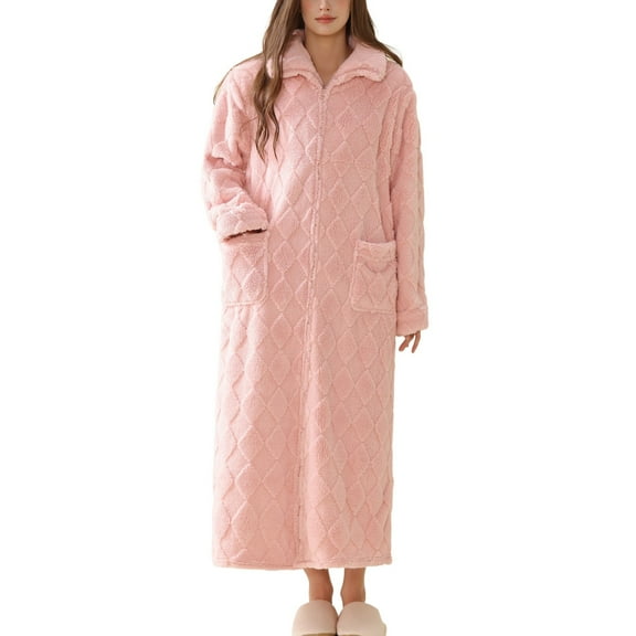 SWSMCLT Women's Cold Weather Fleece Bathrobe Home Full Zip Long Duster Robe Comfy Bathrobes Ankle Length Pink Small