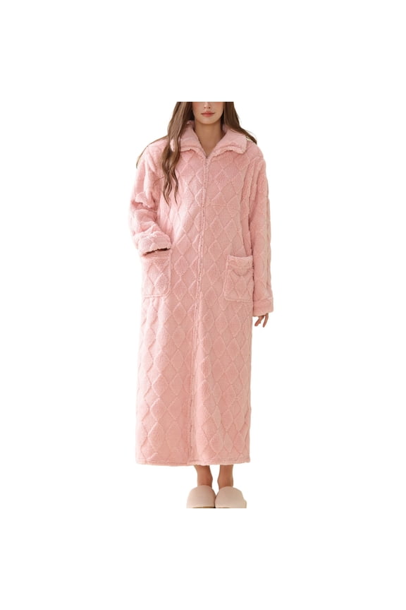 Women's Cold Weather Fleece Bathrobe Home Full Zip Long Duster Robe Comfy Bathrobes Ankle Length Pink X-Large-XX-Large