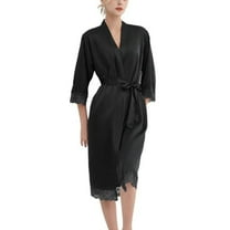 SWSMCLT Women's Comfy Bathrobe Elbow Sleeve Knee Length Fall Home Satin Lace Bathrobes Curvy Bath Robe Cool Black Small