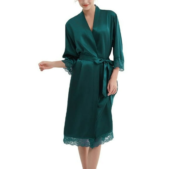 SWSMCLT Women's Comfy Bathrobe Elbow Sleeve Knee Length Fall Home Satin Lace Bathrobes Curvy Bath Robe Cool Dark Green Medium