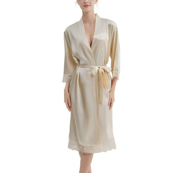 SWSMCLT Women's Comfy Bathrobe Elbow Sleeve Knee Length Fall Home Satin Lace Bathrobes Curvy Bath Robe Cool Golden XX-Large