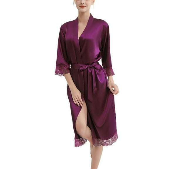 SWSMCLT Women's Comfy Bathrobe Elbow Sleeve Knee Length Fall Home Satin Lace Bathrobes Curvy Bath Robe Cool Purple Large