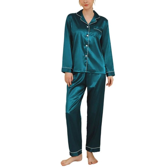 SWSMCLT Women's Cool Loose Pajama Set Chic Lounge Set Button Loungewear Set Cigarette Elastic Elastic Band Dark Green 16