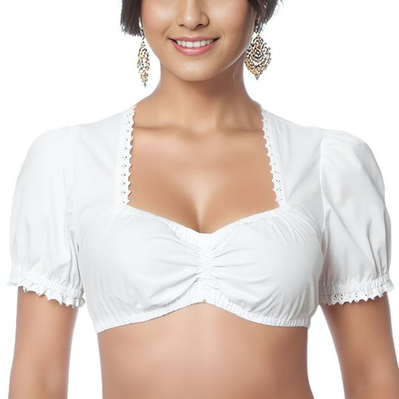 SWSMCLT Women's Cotton Dirndl Blouse Short Sleeve Traditional German Crop Top Soft Oktoberfest Shirt Ruched Cropped Top Summer Bavarian Shirt White Large