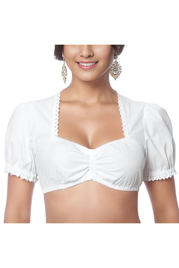 Women's Cotton Dirndl Blouse Short Sleeve Traditional German Crop Top Soft Oktoberfest Shirt Ruched Cropped Top Summer Bavarian Shirt White Medium