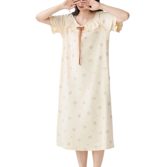 SWSMCLT Women's Cotton Maternity Nightgowns Crew Neck Baggy Falbala Summer Night Gown Lace Short Sleeve Fall Sleepwear Style8 Medium