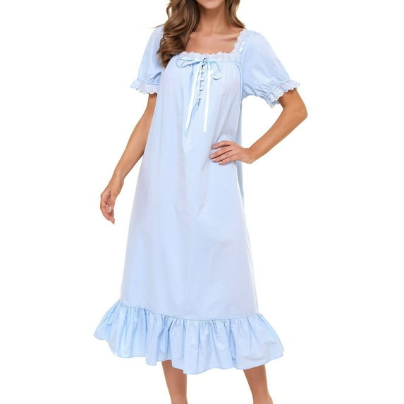 SWSMCLT Women's Cotton Nightgown Comfy Soft Sleepwear Cute Pajamas Summer Long Vintage Short Sleeve Ruffle Blue 01 XX-Large