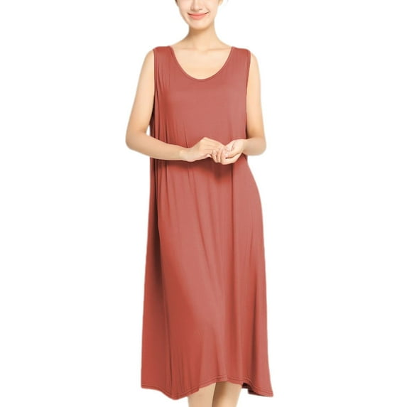 SWSMCLT Women's Cotton Nightgown Soft Rayon Stretch Long Pajama Dress Summer Tank Sleepwear Comfy Soft Loose Fit Sleeveless Baggy Flowy Vermillion Medium