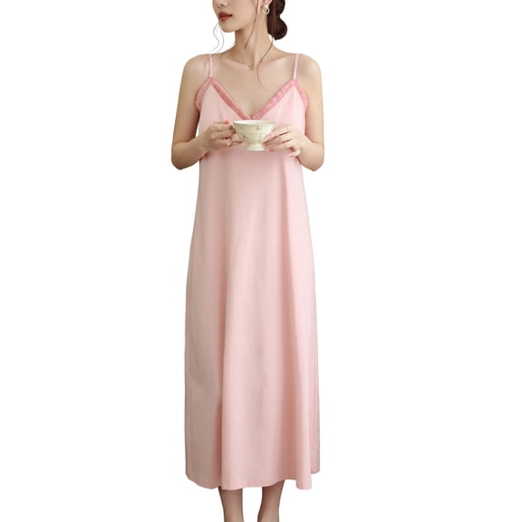 SWSMCLT Women's Cotton Nightgown Vintage Night Gown Cute Summer Lightweight Sleeveless V Neck Soft Thin Cool Sleepwear Light Pink Large