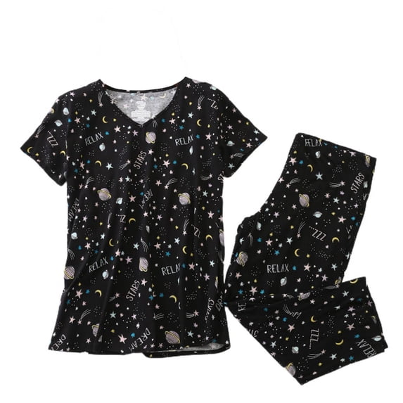 SWSMCLT Women's Cotton Pajama Set Cute 2 Piece Short Sleeve Shirt Capri Pant Pj Sleepwear Cartoon Lounge Set Comfy Summer Loungewear V Neck Patterned8 XX-Large